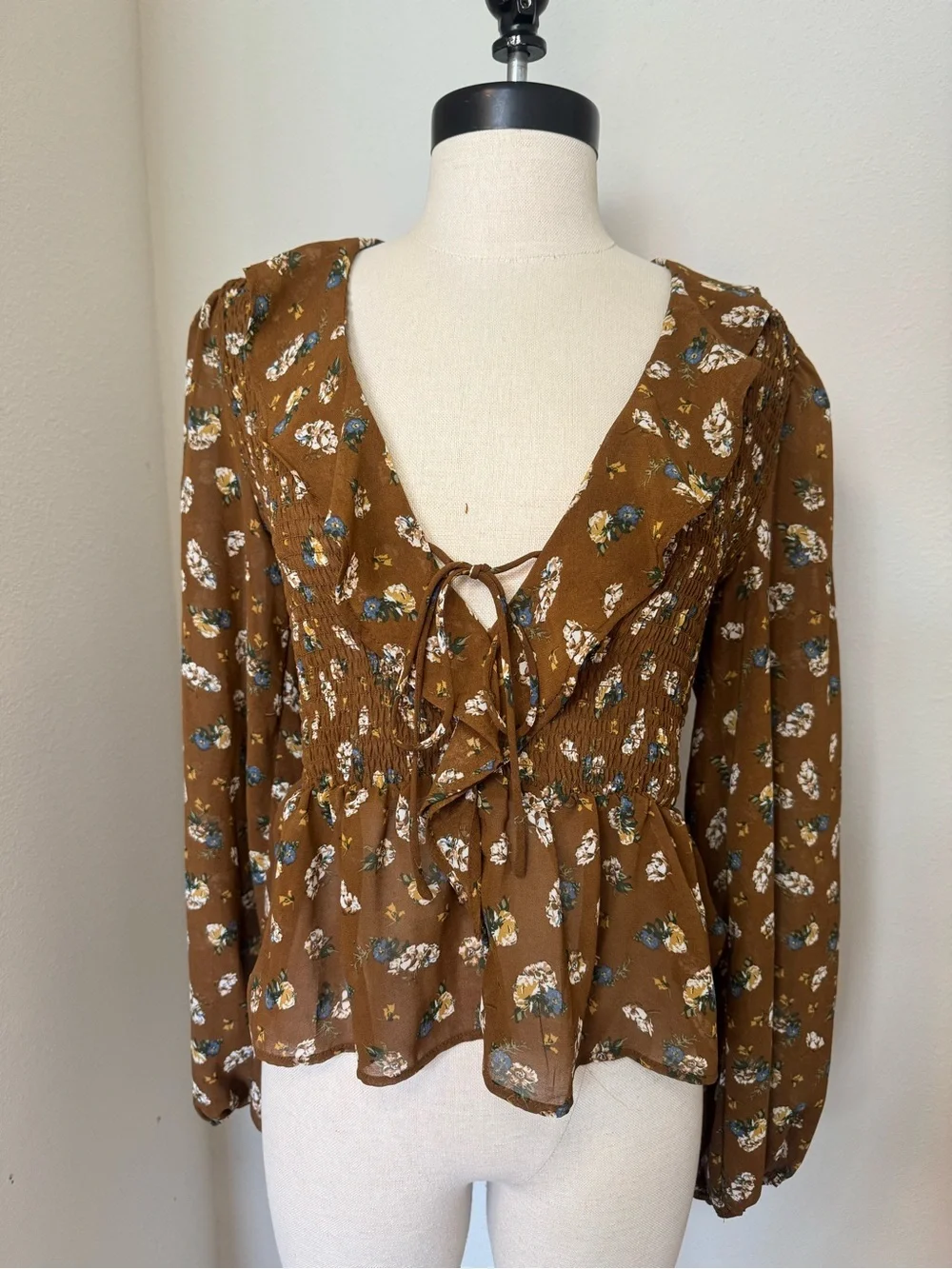 ASTR the Label Brown Ditsy Floral Ruffle Long Sleeve Smocked Top